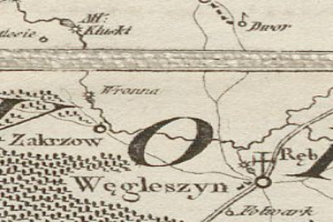 Ein detaillierter alter Stadtplan von Wegleszyn, Polen, der Straßen, Gebäude, Sehenswürdigkeiten und Text mit Informationen über die Bevölkerung, Straßen und Sehenswürdigkeiten zeigt.