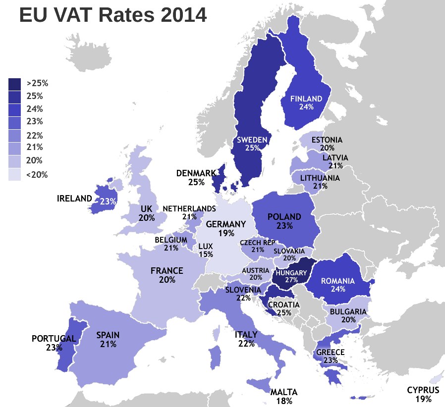 Eine Karte von Europa, die die EU-Mehrwertsteuersätze für 2014 mit Prozentwerten und Textbeschriftungen zeigt.