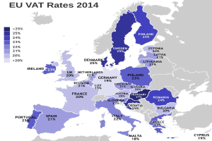 Eine Karte von Europa, die die EU-Mehrwertsteuersätze für 2014 mit Prozentwerten und Textbeschriftungen zeigt.