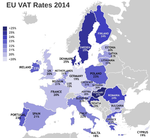 Eine Karte von Europa, die die EU-Mehrwertsteuersätze für 2014 mit Prozentwerten und Textbeschriftungen zeigt.