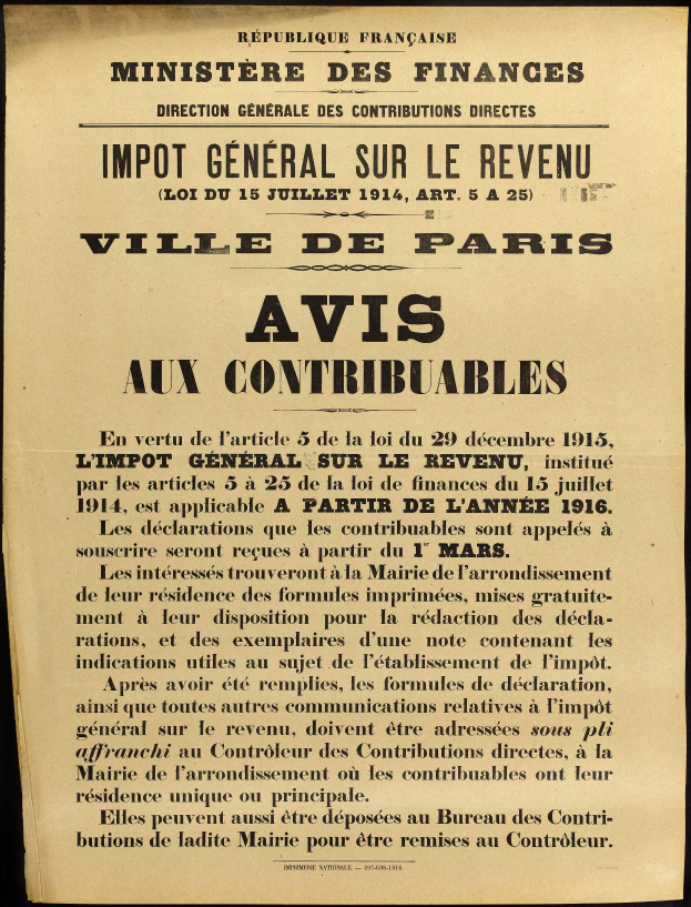 Eine alte Zeitungsanzeige für das Finanzministerium in Paris, Frankreich, mit Text auf einem schwarzen Hintergrund.