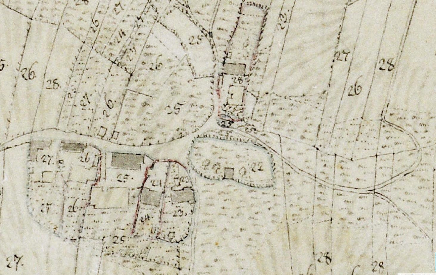 Detailed old city map with numbered buildings, roads, and text, indicating a proposed development site at the bottom.