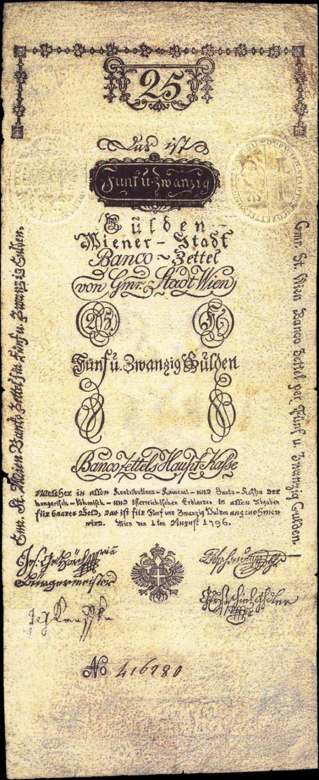 Alte deutsche Banknote mit schwarzem Hintergrund, die ein M├Ąnnchen zeigt und mit 'Schweiz 25 Pfennig' beschriftet ist.