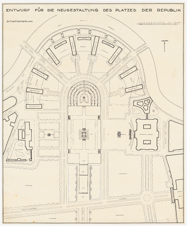 Ein detaillierter Stadtplan von Berlin, Deutschland, mit einer zentralen Abbildung eines Geb├Ąudes und textlichen Beschreibungen der Stadtlayout und Umgebung.