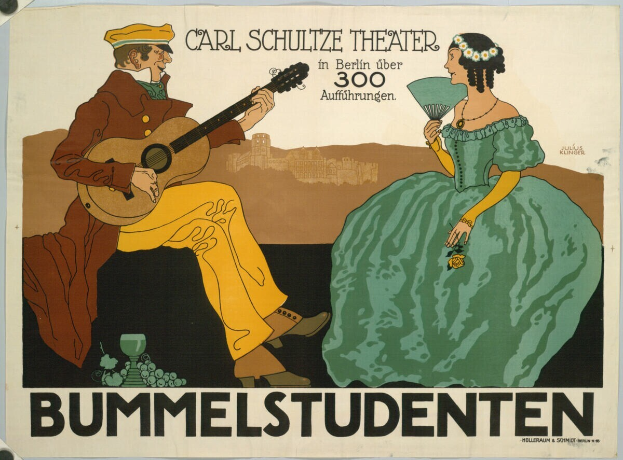 Ein Plakat, das ein Konzert im Carl-Schulze-Theater in Berlin, Deutschland, ankündigt, auf dem ein Mann eine Gitarre spielt und eine Frau einen Fächer hält, mit Text auf dem Plakat.