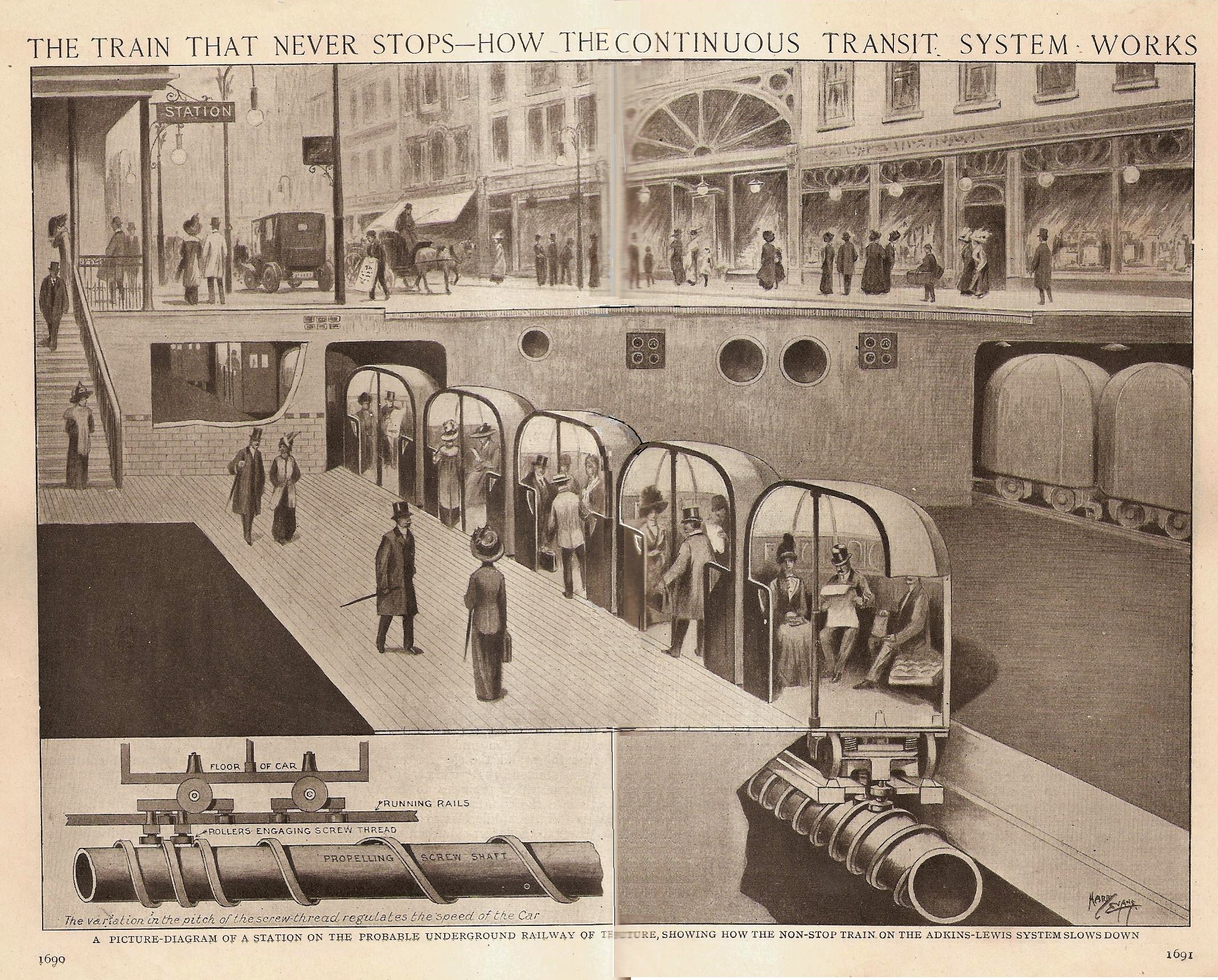 Eine Zeitung mit Bildern von Menschen, Zügen und anderen Gegenständen sowie der Überschrift "Der Zug, der nie aufhört - wie das ständige Transportsystem funktioniert".