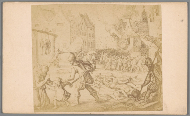 Eine Zeichnung einer Gruppe von Menschen in einer Stadt, einige halten Fahnen, andere liegen am Boden, mit Gebäuden im Hintergrund, die einen Kampf mit einer Person mit einem Schwert und einer anderen mit einem Schild darstellen.