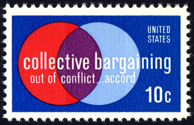 A Venn diagram with "Collective Bargaining Out of Conflict" in the center, featuring two overlapping circles labeled "Collectives Bargaining" and "Out of Conflict," connected by a thin line.