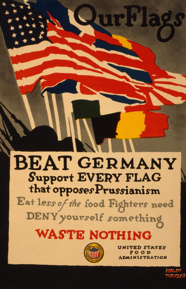 Plakat mit einer roten, weißen und blauen Flagge mit einem weißen Stern in der Mitte, fettem schwarzem Text "Unsere Flaggen schlagen Deutschland - Unterstützt jede Flagge, die gegen Preußentum kämpft", und einem weißen Rand, der zur Unterstützung der deutschen Rechte gegen das Preußentum aufruft.