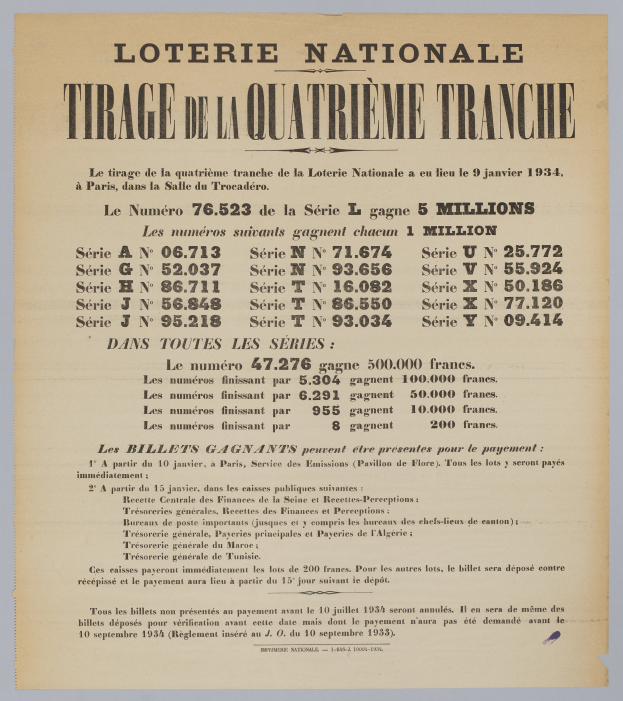 Ein Blatt mit dem Text "Loterie Nationale Tirage de la Quatrième Tranche" und einer großen Anzahl von gedruckten Zahlen, die wie ein Lotterielos aussehen.