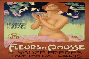 Ein Vintage-Plakat von Alphonse Mucha für Fleurs de Mousse Duftwasser, das eine Frau mit einem Glas des Produkts zeigt, mit beschreibendem Text.