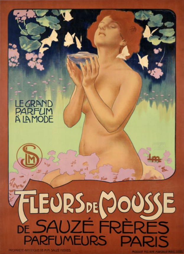 Ein Vintage-Plakat von Alphonse Mucha für Fleurs de Mousse Duftwasser, das eine Frau mit einem Glas des Produkts zeigt, mit beschreibendem Text.