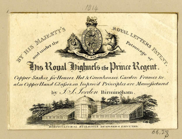 Alte Visitenkarte für 'The Royal Highmills of the Prince Regent' mit einer Illustration eines Gebäudes und Bäumen mit einem Logo.