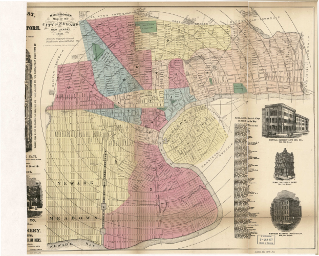 Old map of New York City from 1875 showing detailed layout with buildings and text.