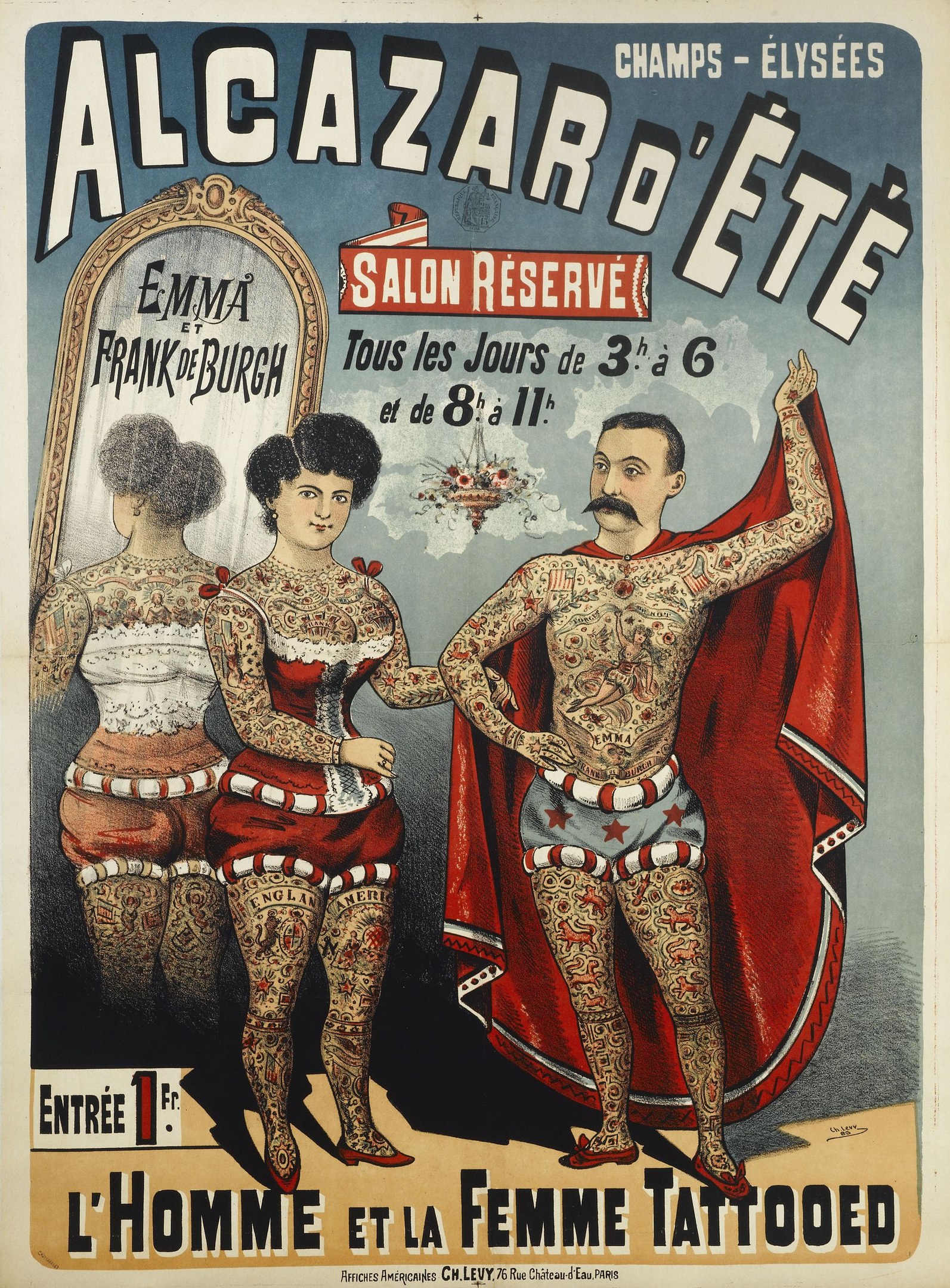 A poster in Paris advertising a tattoo parlor, featuring a man and a woman with visible tattoos standing side by side, alongside text promoting the salon.