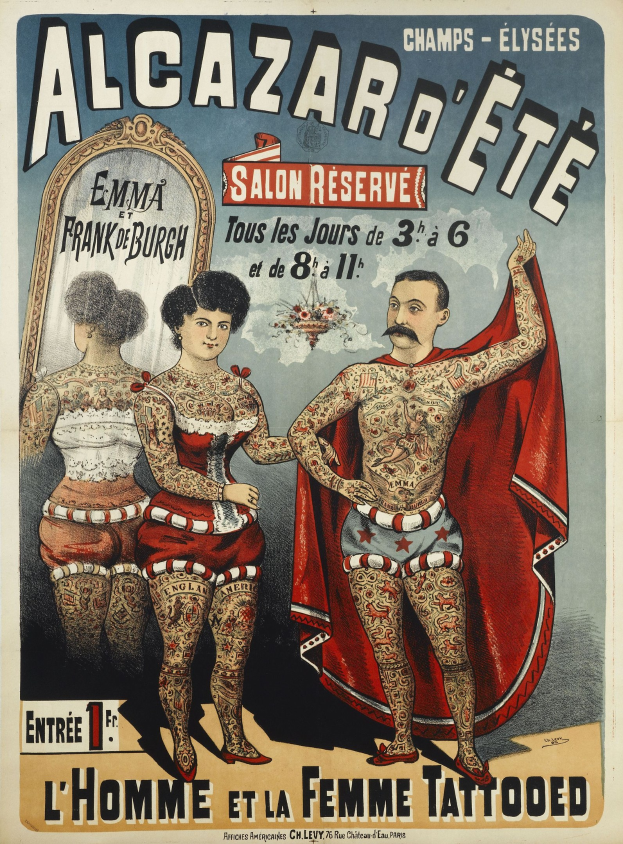 A poster in Paris advertising a tattoo parlor, featuring a man and a woman with visible tattoos standing side by side, alongside text promoting the salon.