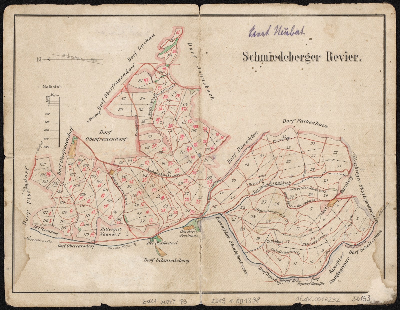 Old detailed map of Schiederberger, Germany, with streets, buildings, and landmarks on a black background.
