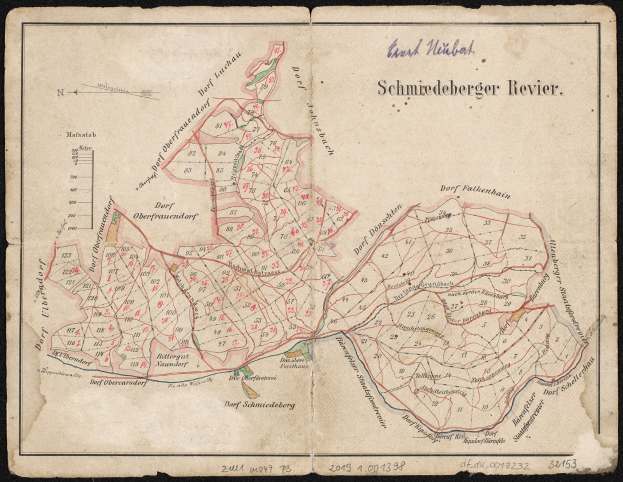 Old detailed map of Schiederberger, Germany, with streets, buildings, and landmarks on a black background.