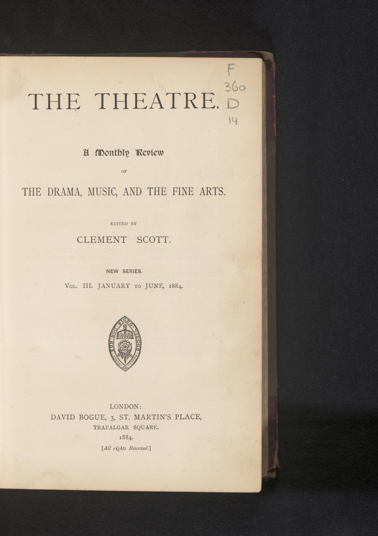 A book titled "The Theatre: A Monthly Review of the Drama, Music, and the Fine Arts" open to a page with text and a logo.