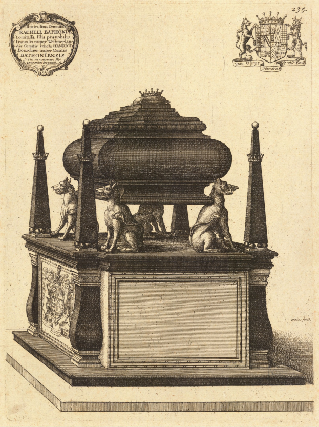 Eine Skizze eines Denkmals mit einer Hundestatue auf einem Sarkophag, umgeben von Skulpturen, Text und einem Logo.