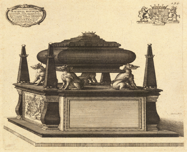 Eine Skizze eines Denkmals mit einer Hundestatue auf einem Sarkophag, umgeben von Skulpturen, Text und einem Logo.