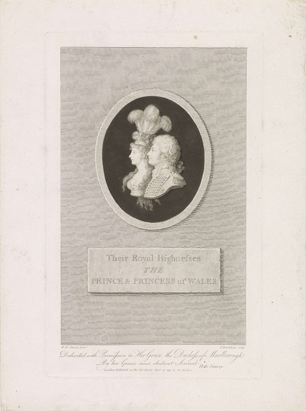 Schwarz-weiß-Bild eines Papiers mit einem Foto des Prinzen und der Prinzessin von Wales neben etwas gedrucktem Text.