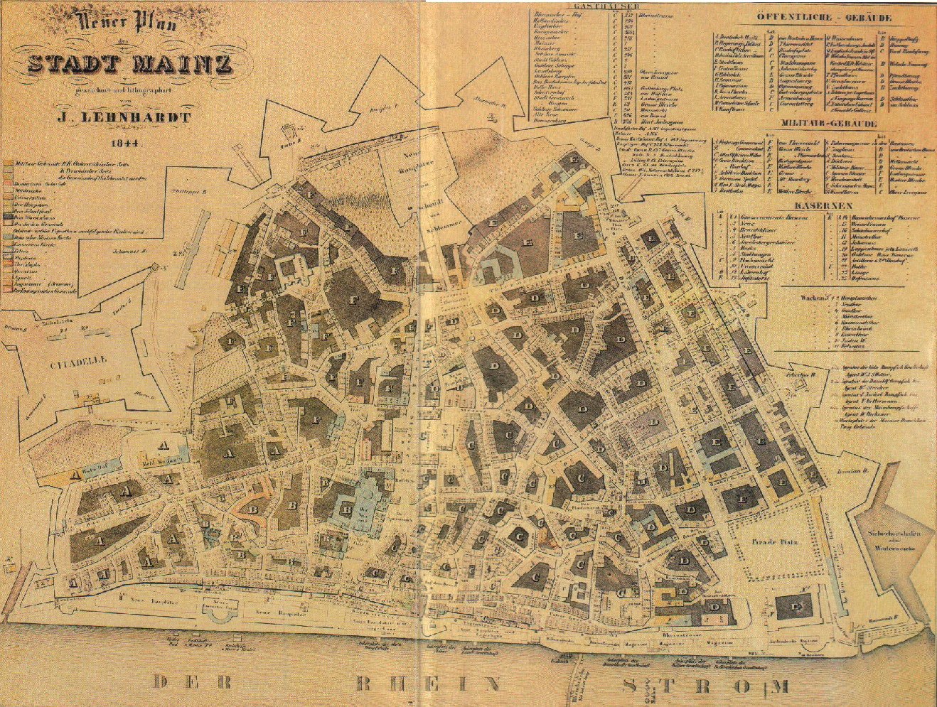 Detailierte alte Karte von Stadt Mainz, Deutschland, zeigt Straßen, Gebäude und Sehenswürdigkeiten auf vergilbten Papier.