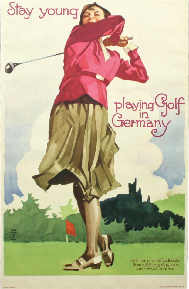 A poster of a woman standing on a golf course in Germany, holding a golf club, with a flag and trees in the background and text providing information about the course.
