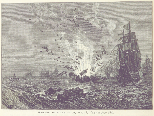 Eine Zeichnung einer Seeschlacht mit mehreren Schiffen, darunter ein Schiff mit Menschen an Bord, datiert auf den 18. Februar 1853.