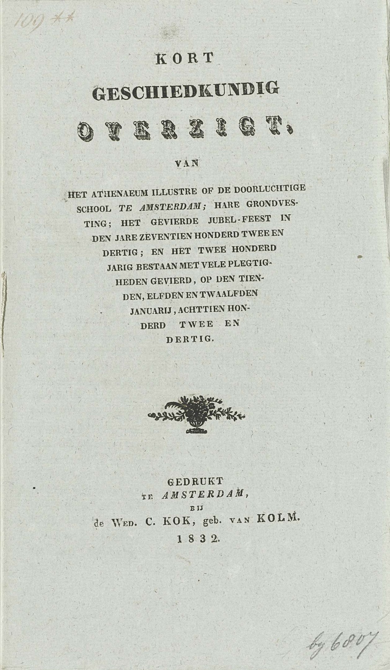 Black and white book cover titled "Kort Geschiedkundig Overzicht" dated 1832, featuring an image of a man's face.