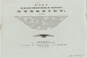 Black and white book cover titled "Kort Geschiedkundig Overzicht" dated 1832, featuring an image of a man's face.