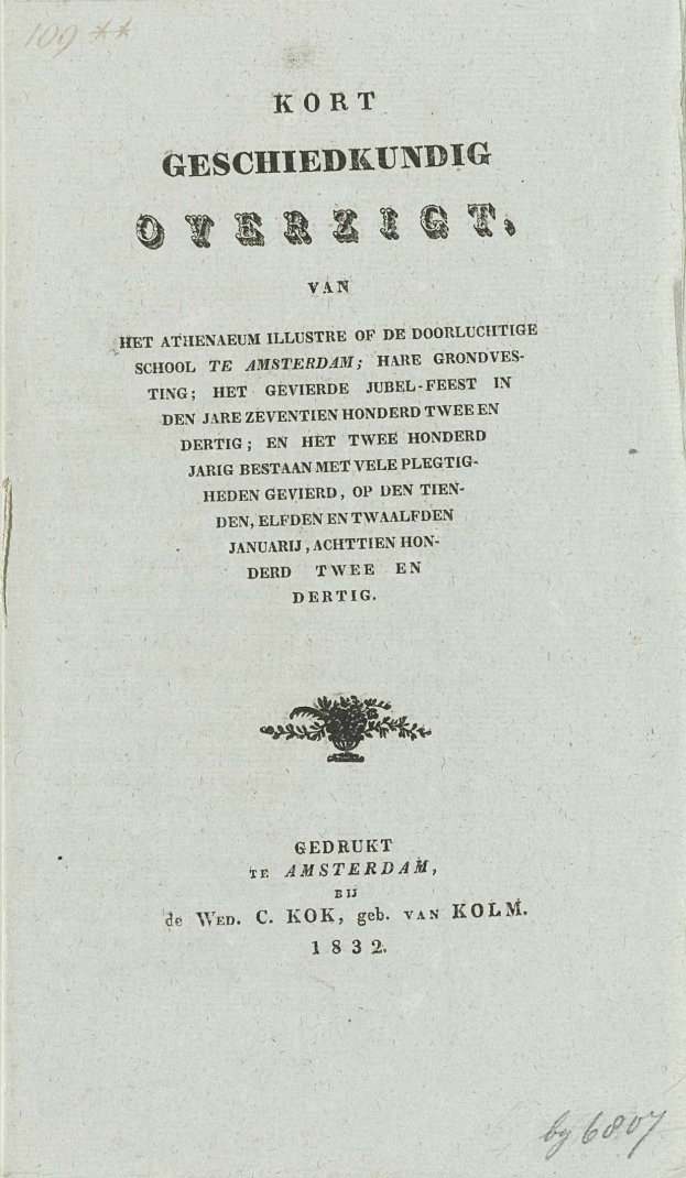 Black and white book cover titled "Kort Geschiedkundig Overzicht" dated 1832, featuring an image of a man's face.