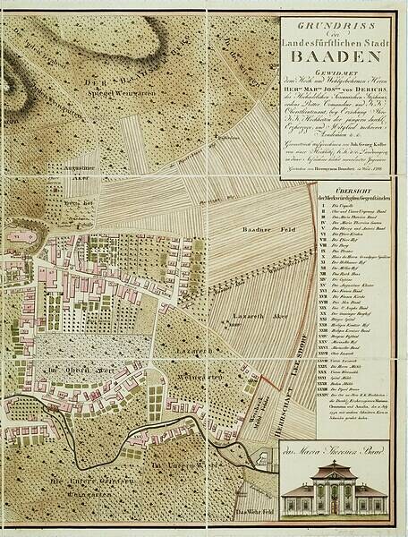 Old detailed map of Baden-Württemberg, Germany, with a building in the bottom right corner, showing streets, buildings, and landmarks with accompanying text.