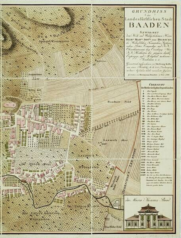 Old detailed map of Baden-Württemberg, Germany, with a building in the bottom right corner, showing streets, buildings, and landmarks with accompanying text.