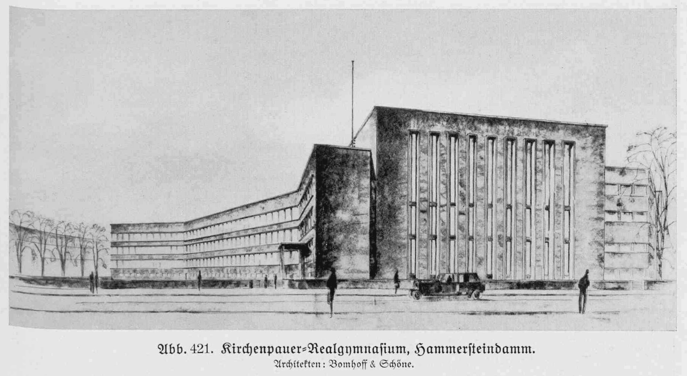 Black and white drawing of a building with a parked car, surrounded by trees and people, with text at the bottom reading "Ritchenpauer-Realynmajum, Sammerfeinbahn, Berlin, Germany".