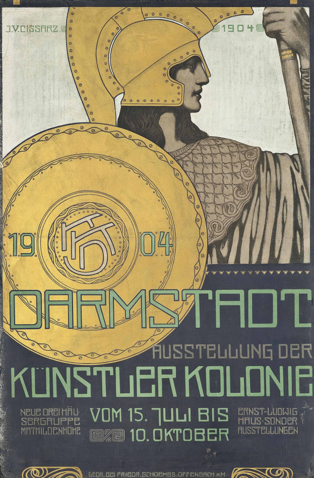 Poster for a 1904 Berlin concert, featuring a helmeted figure holding a shield with "Darmstadt" and "Künstler Kolonie" in bold text.