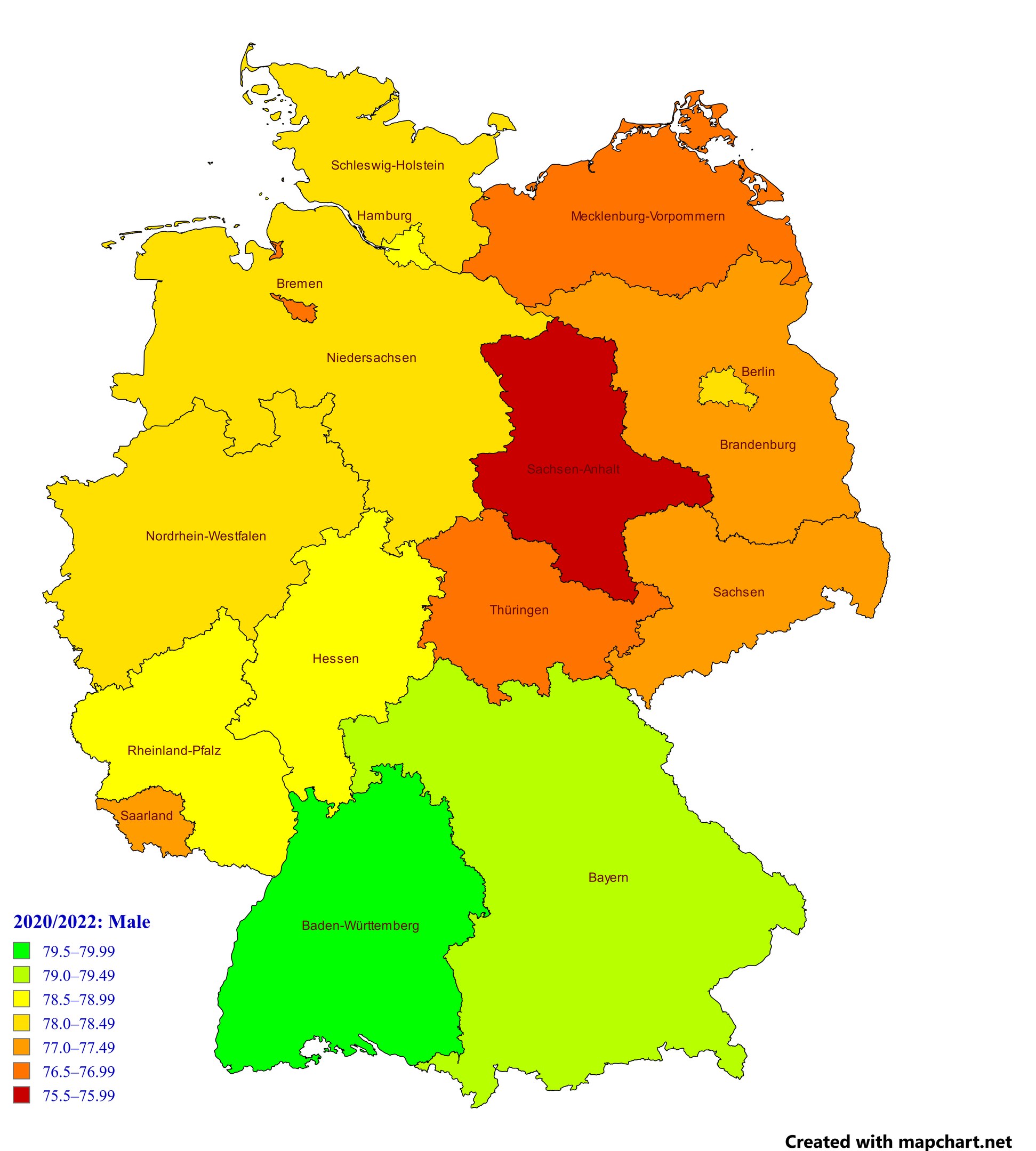 A map of Germany with colors indicating the percentage of people living in each region, accompanied by explanatory text on the left.