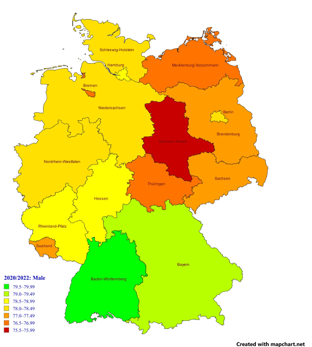 A map of Germany with colors indicating the percentage of people living in each region, accompanied by explanatory text on the left.