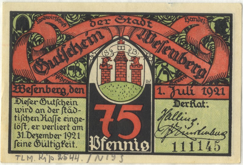 Eine alte deutsche Banknote mit einem Gebäude darauf, mit dem Text "Bundesliga" und einem Logo unten, vor einem weißen Hintergrund.