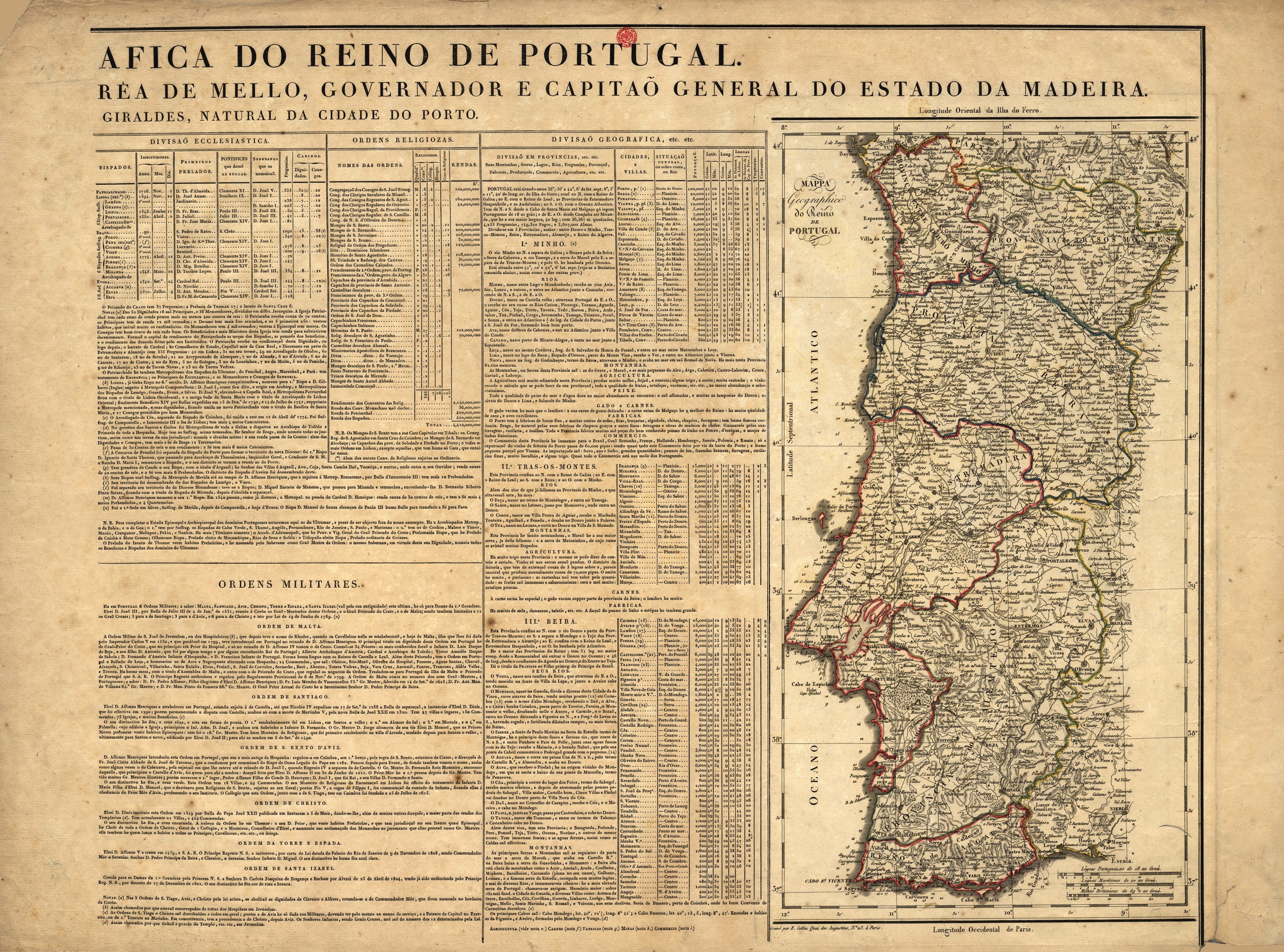 Old map of Portugal with provinces highlighted and handwritten text on aged paper.