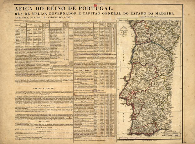 Old map of Portugal with provinces highlighted and handwritten text on aged paper.