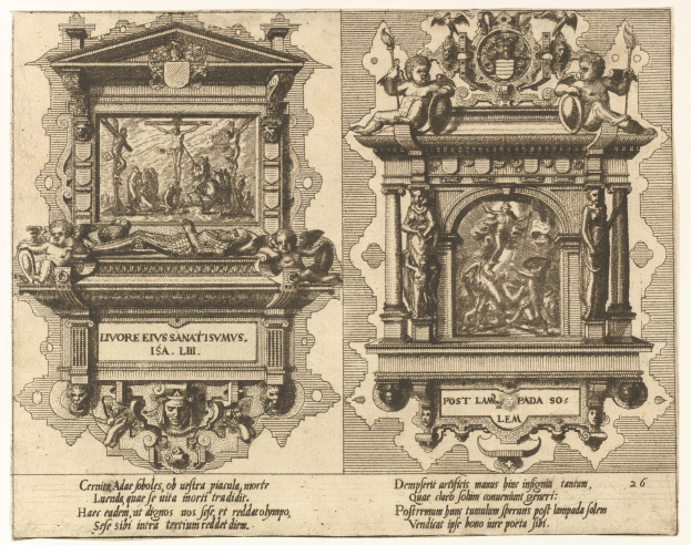 Ein Blatt Papier mit einer Zeichnung von zwei detailreichen Skulpturen an einer Wand und fettgedrucktem Text, der sie wahrscheinlich beschreibt.