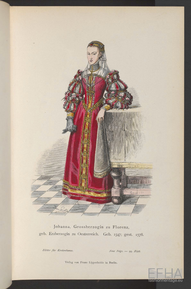 A historical illustration of a woman in a red dress with intricate details, identified as Johanna Grossherzogin from 1547-1578, standing gracefully with hands clasped, featured in an open book with classic typography.