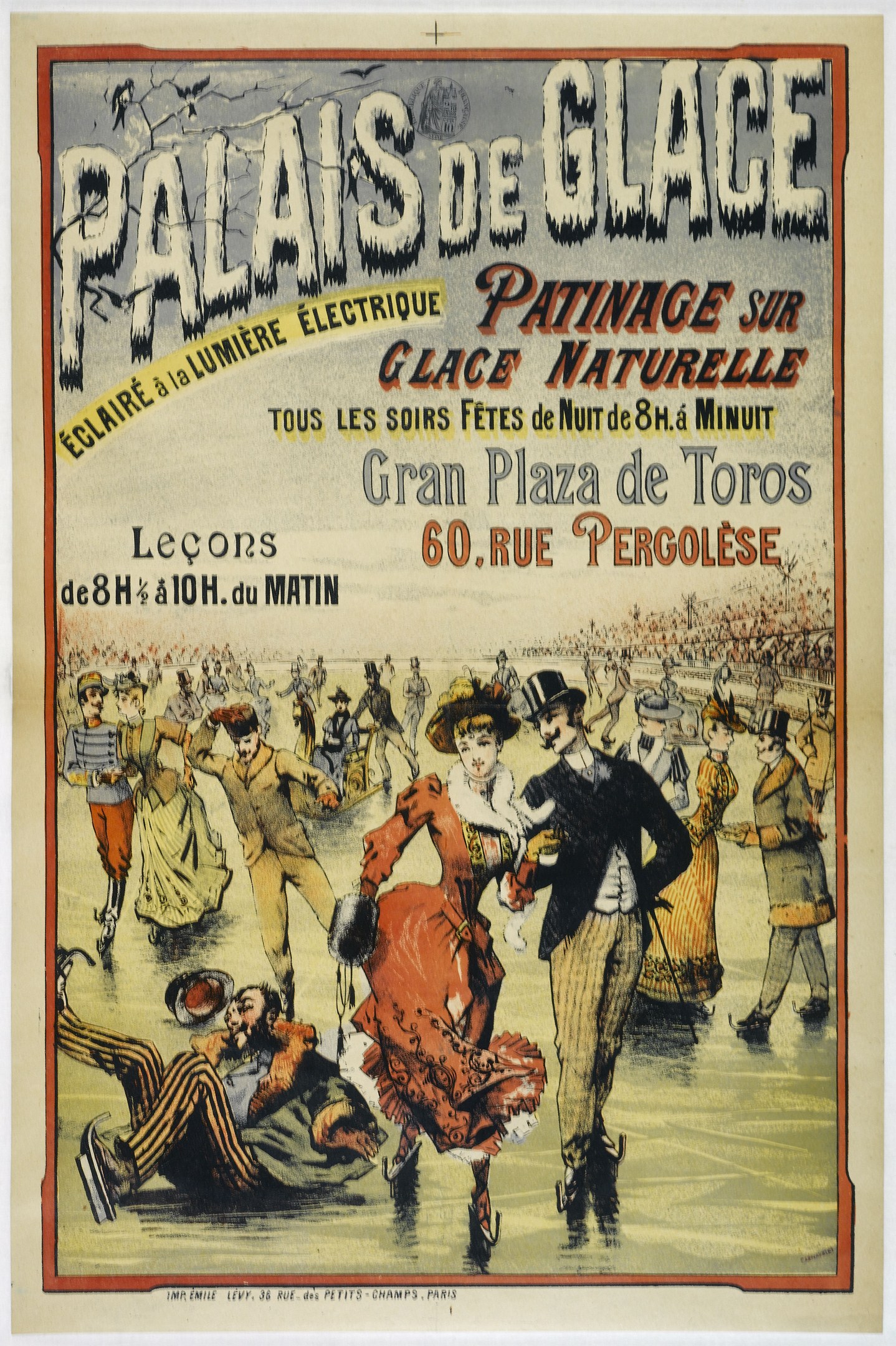 Plakat für eine Tanzvorstellung im Palais de Glace in Paris, das eine Gruppe von Menschen in bunten Kostümen zeigt, die fröhlich tanzen.
