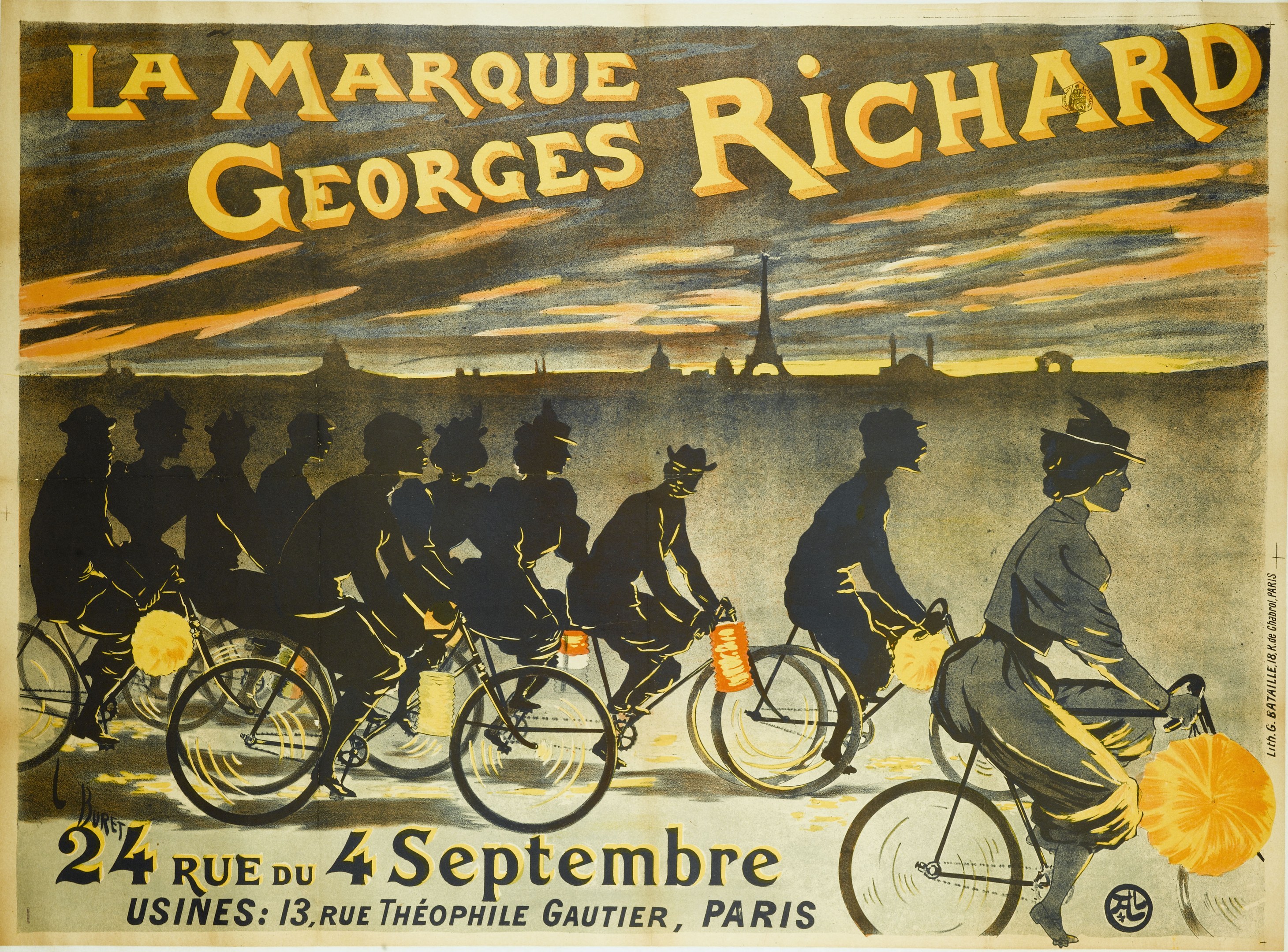 Poster advertising a bicycle race in Paris with cyclists and the Eiffel Tower in the background, including text about the event.