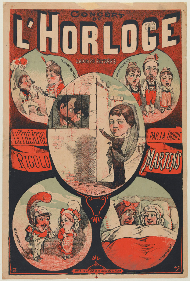 Ein Konzertplakat für das Chorloge Theatre in Paris, Frankreich, das eine Gruppe von Menschen in bunten Kostümen in einer lebendigen Atmosphäre zeigt, umgeben von Text.