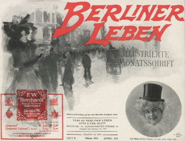Advertisement poster for the Berliner Leben Theatre featuring a woman in a top hat and a man in a suit, with text, a stamp, people, and buildings in the background.