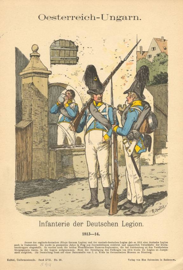 Altes Buchcover mit zwei uniformierten Männern, einer hält ein Gewehr, vor einem Hintergrund aus Bäumen und Gebäuden, betitelt mit "Infanterie der Deutschen Legion 1813-14".