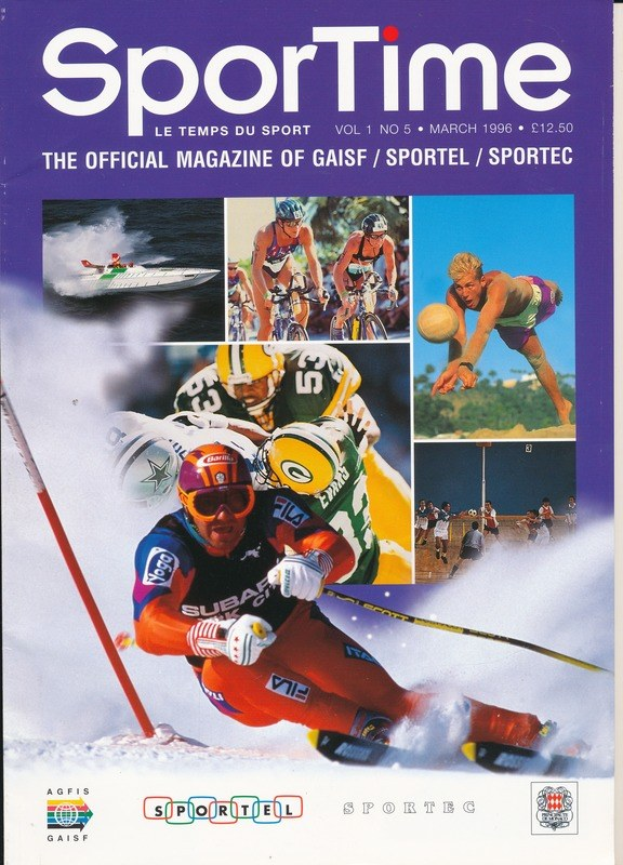 Titelbild des *Sporttime Magazin* März 1996 mit Bildern von Skifahren und Snowboarden, Text und Logos.