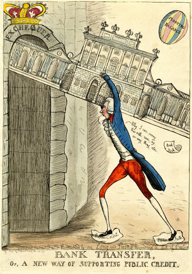 Ein Cartoon-Mann in einem blauen Jackett und roten Hosen steht vor einem Gebäude, trägt eine Krone und hat unten Text mit der Aufschrift "Bank-Überweisung oder, eine neue Art der Unterstützung von öffentlichem Kredit."